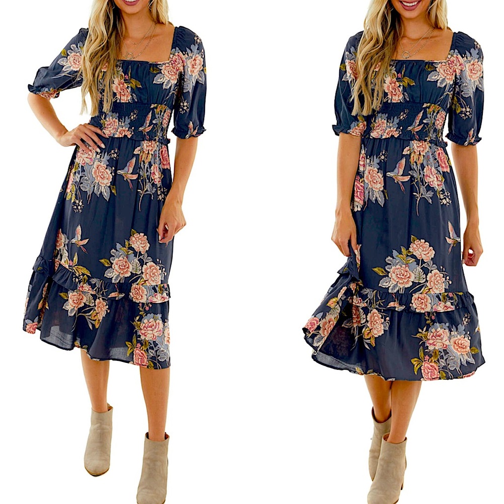 Dark Gray Floral Puff Sleeve Smocked Midi Dress